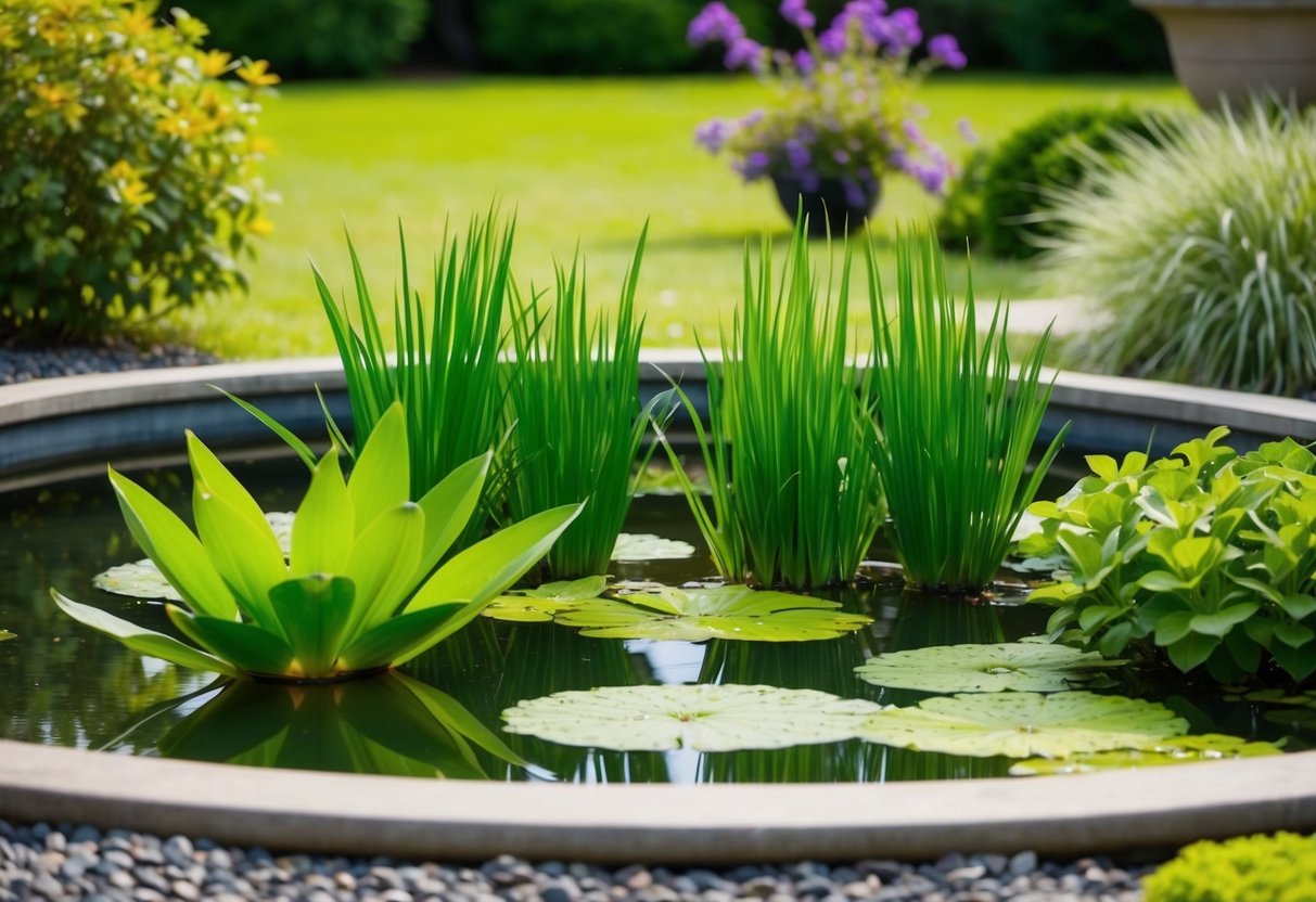 A serene garden pond with lush aquatic plants and clear water, surrounded by a well-maintained landscape