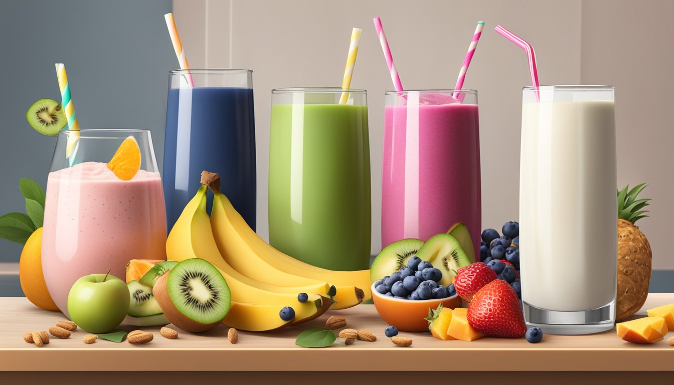 A colorful display of fresh fruits, whole grain bread, yogurt, and smoothies on a modern counter