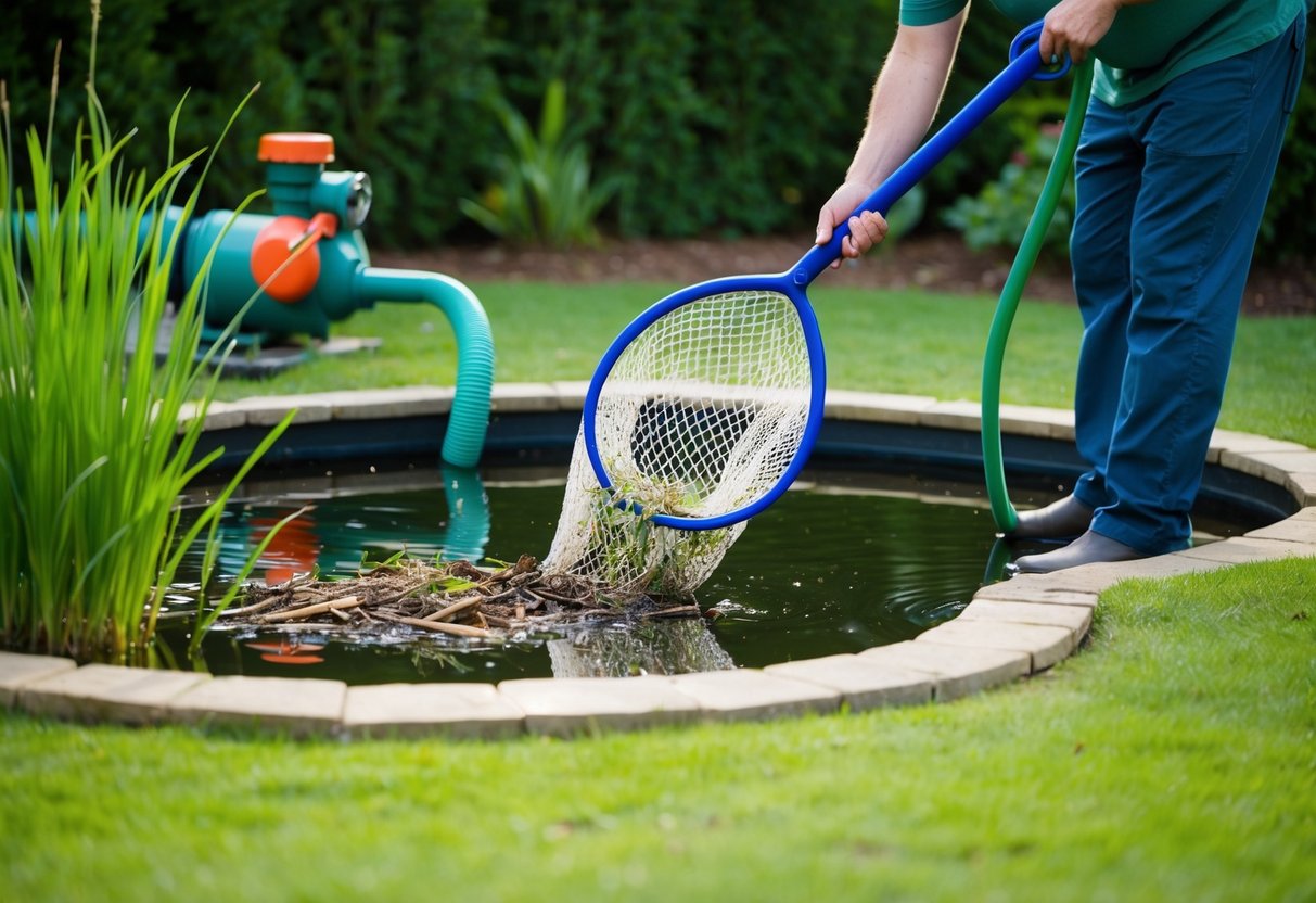 A person using a net to remove debris from a garden pond, with a pump and hose nearby for maintenance