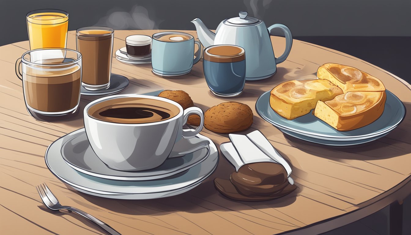 A steaming cup of coffee sits beside a plate of breakfast items on a table