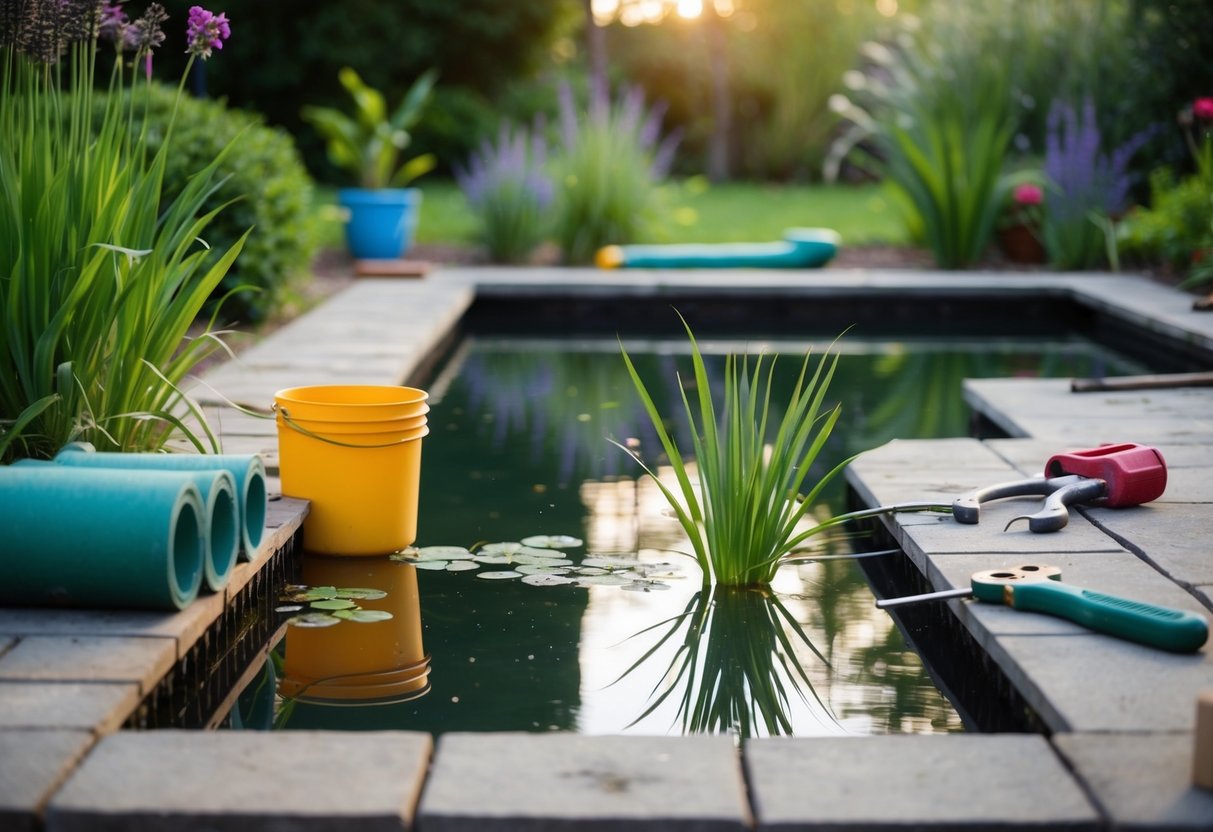 A tranquil garden pond being repaired and maintained with tools and materials nearby