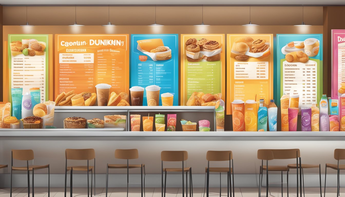 A colorful menu board displays a variety of cold beverages alongside breakfast items at Dunkin'