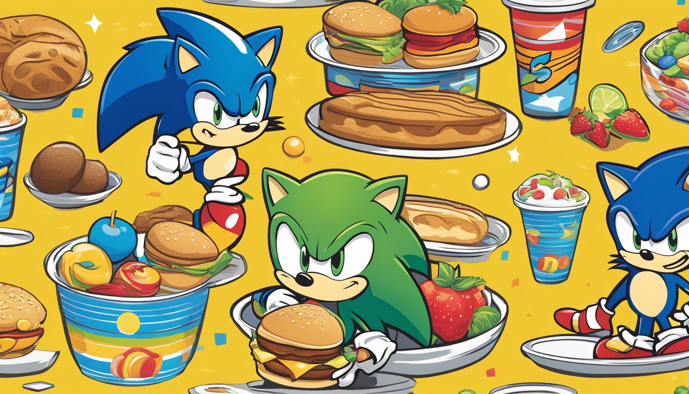 A colorful and playful display of various customizable and kids' options breakfast items, featuring the Sonic logo and vibrant graphics