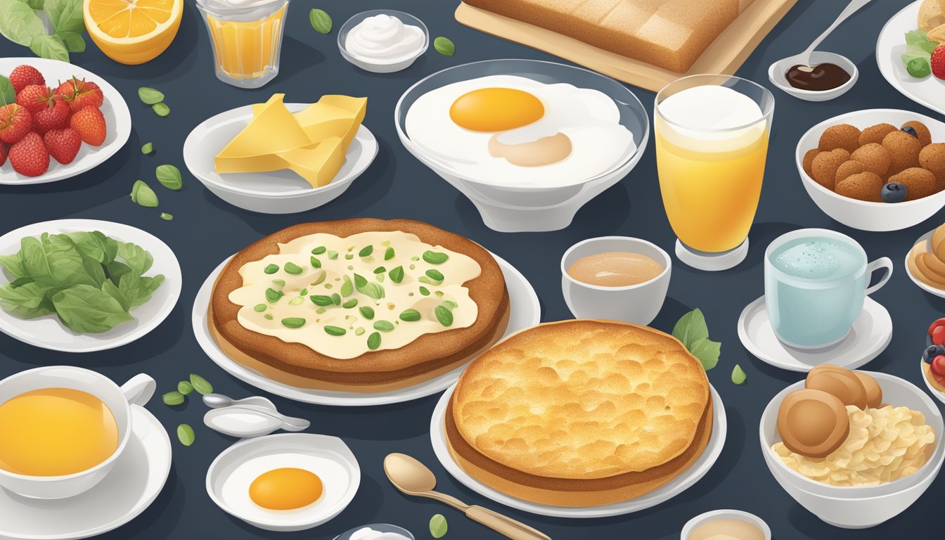 A breakfast menu with clear nutrition and allergen information displayed alongside appetizing food items