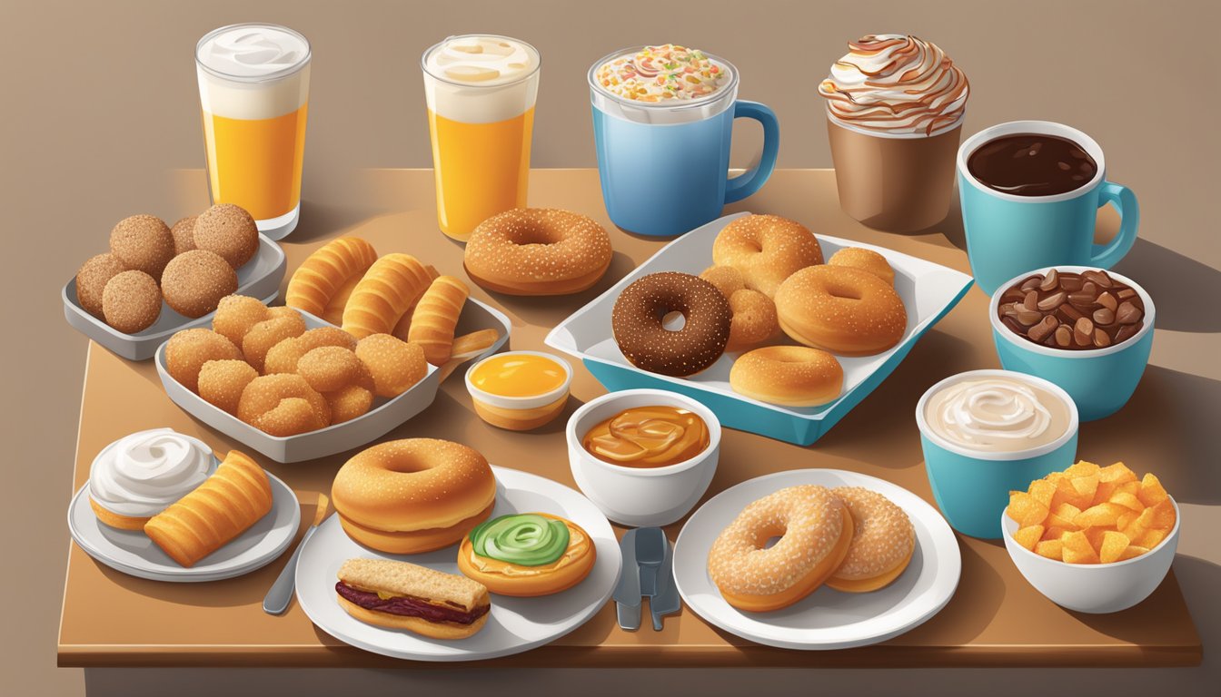 A table set with various breakfast snacks and sides from the Dunkin' menu, including donuts, muffins, hash browns, and breakfast sandwiches