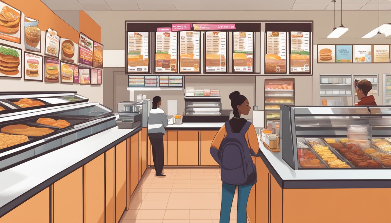 A customer points to the Dunkin' menu board, while a staff member checks availability of breakfast items behind the counter