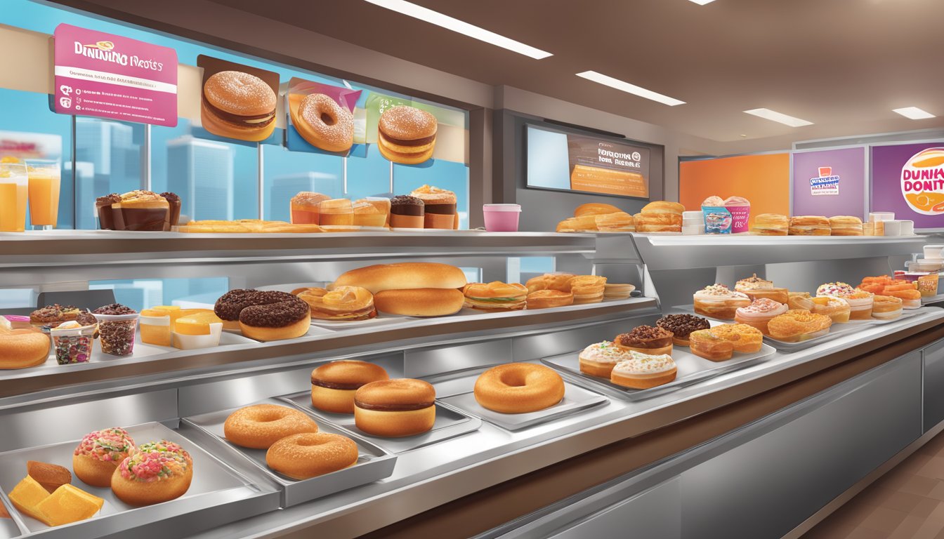 A bustling Dunkin' Donuts breakfast menu display with a variety of food and drink options