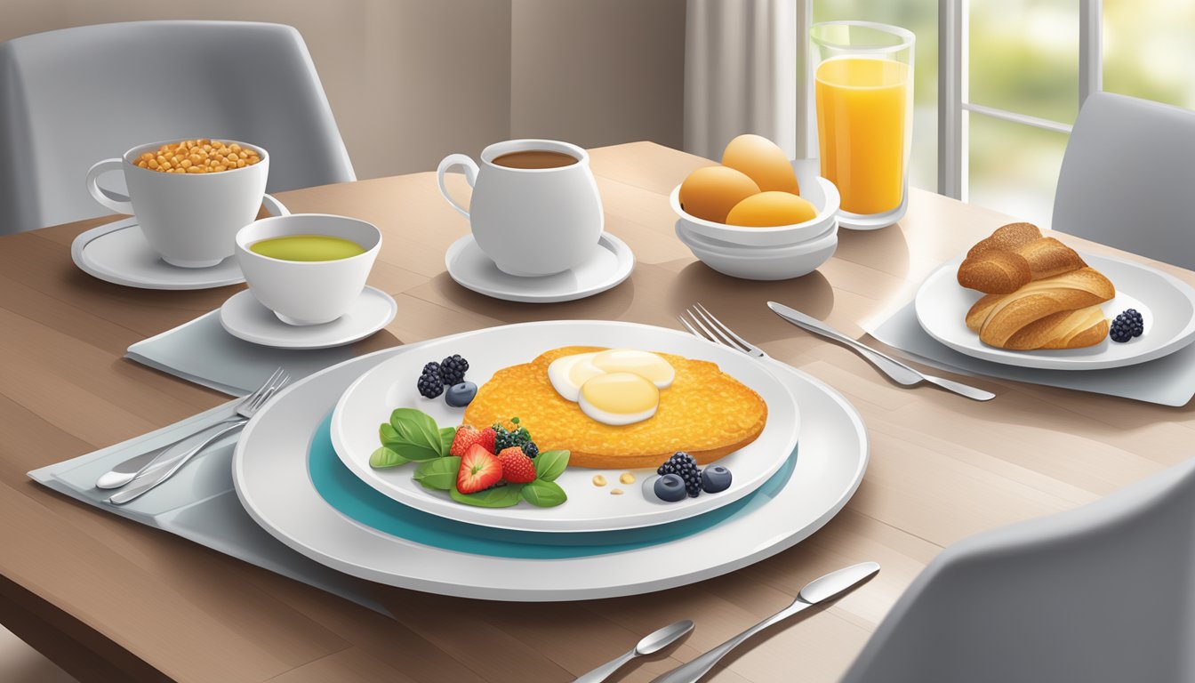 A breakfast menu with nutritional guide and allergen information displayed on a clean, modern table setting