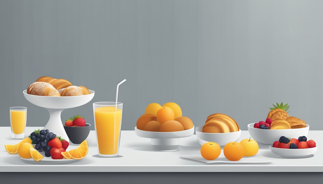 A breakfast menu displayed on a modern, minimalist counter with fresh fruits and pastries