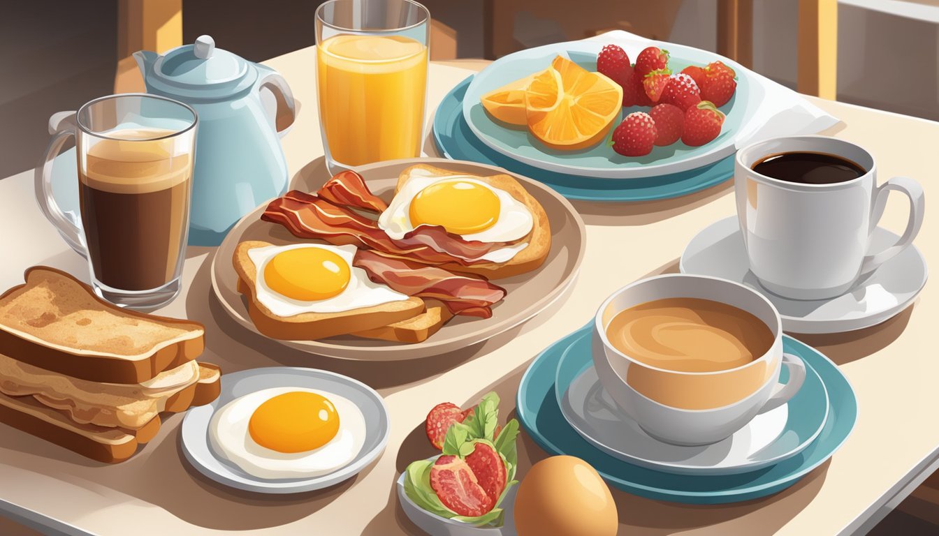 A table set with various breakfast items: eggs, bacon, toast, fruit, and pastries. Juice and coffee in the background