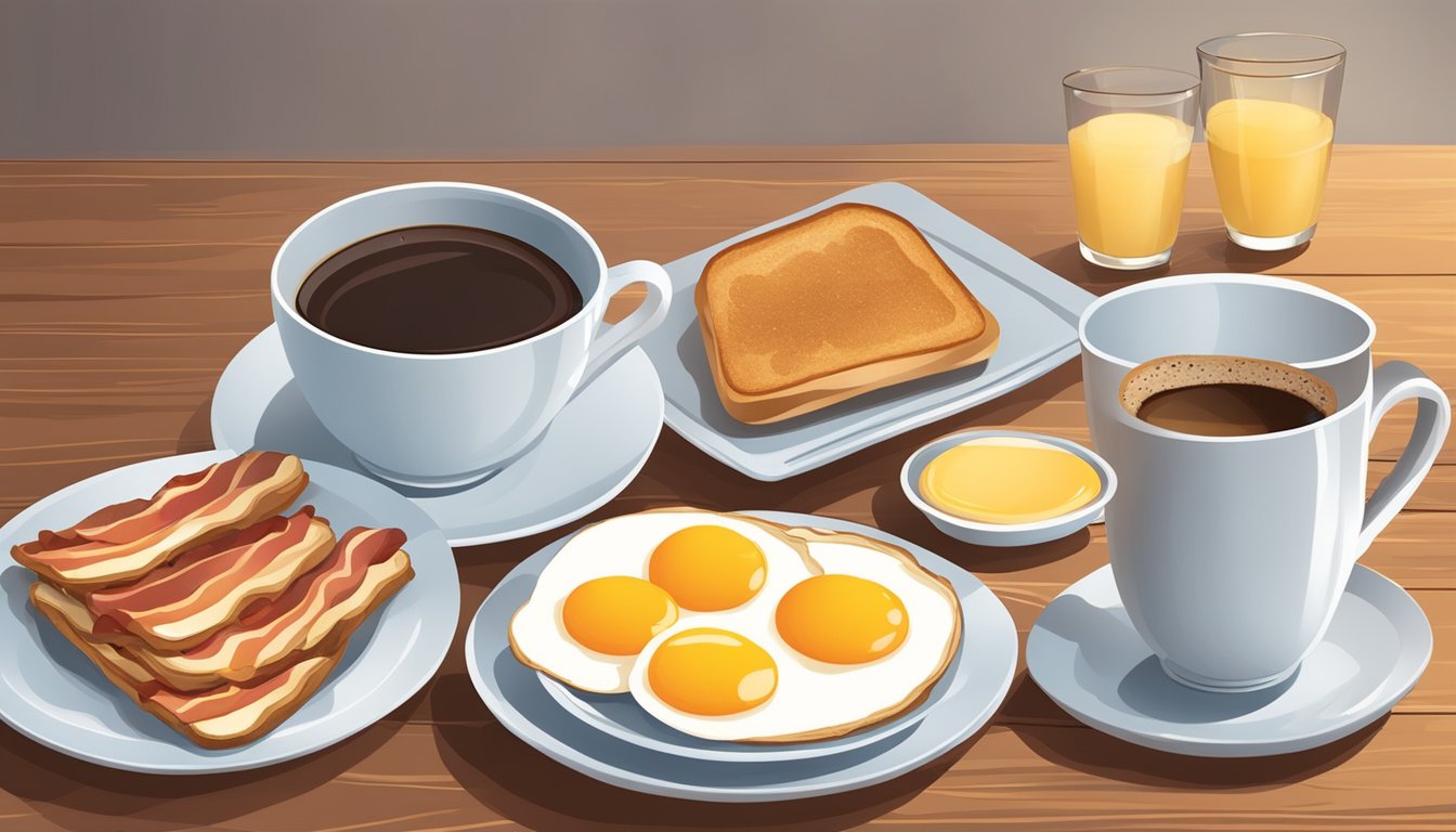 A table set with a plate of eggs, bacon, toast, fruit, and a cup of coffee