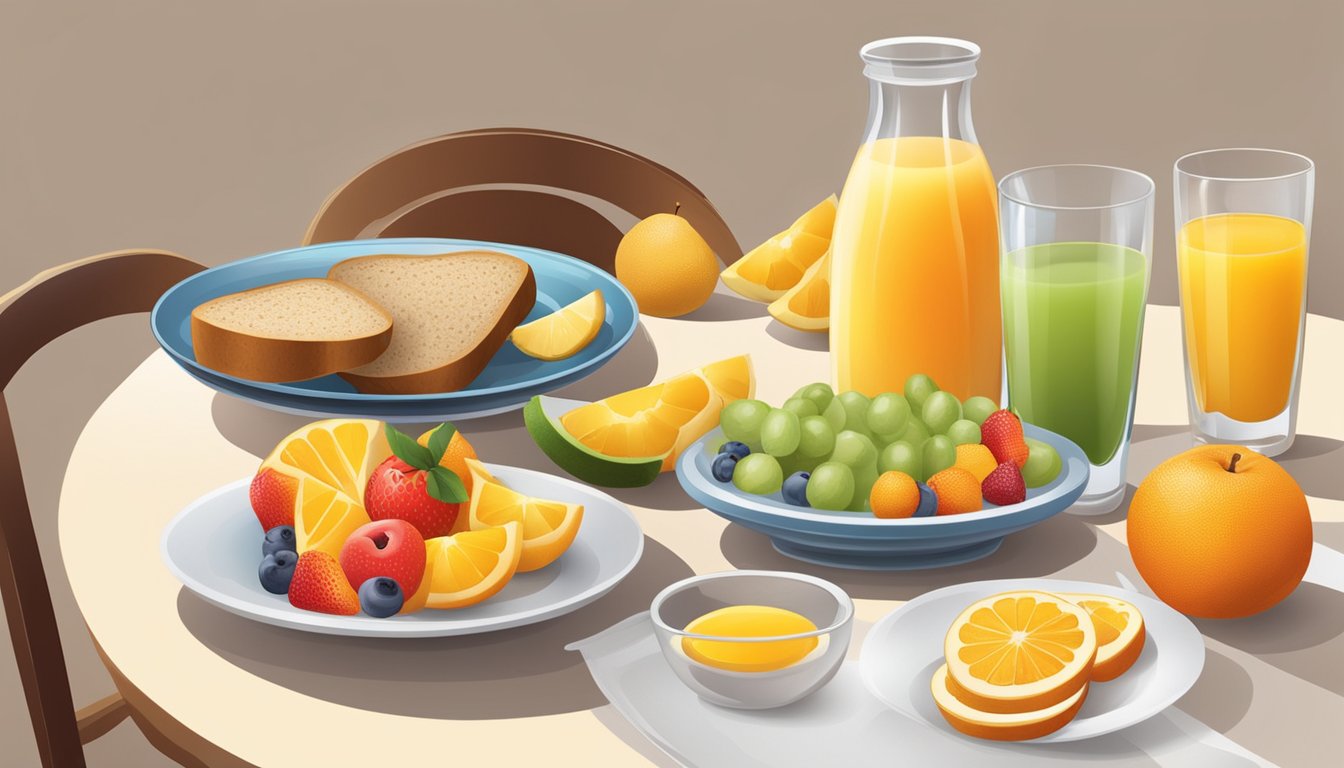 A table set with a variety of fresh fruits, whole grain bread, yogurt, and a glass of orange juice