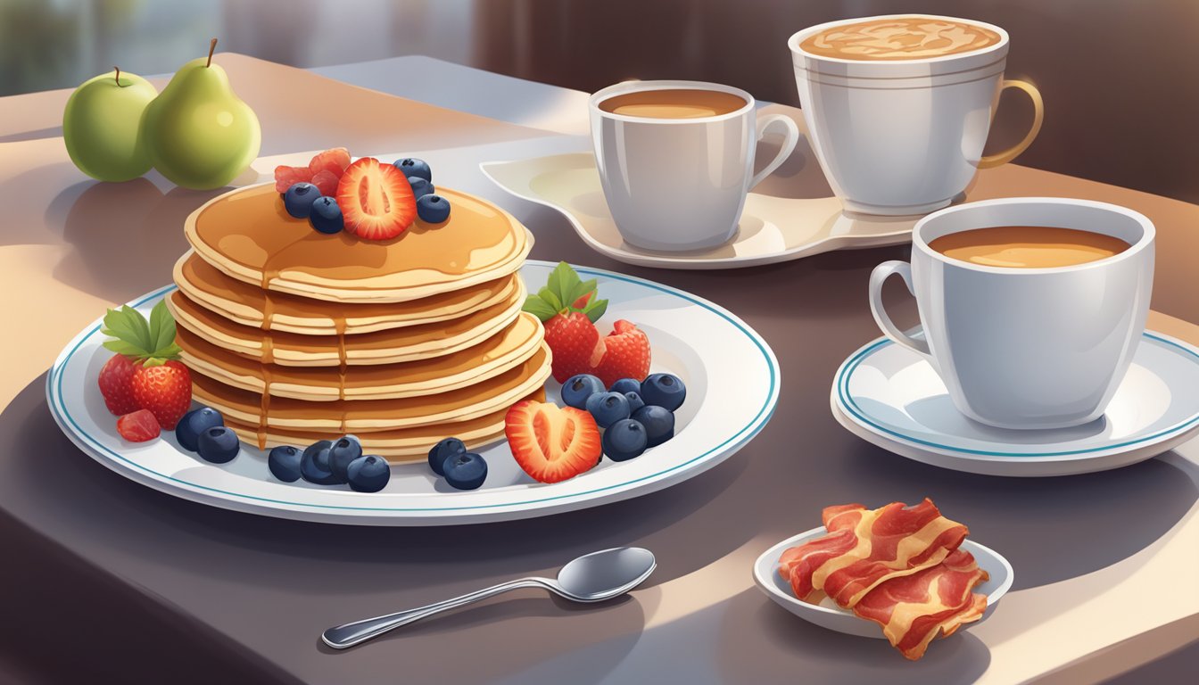 A table set with a steaming cup of coffee, a plate of fluffy pancakes, crispy bacon, and a side of fresh fruit