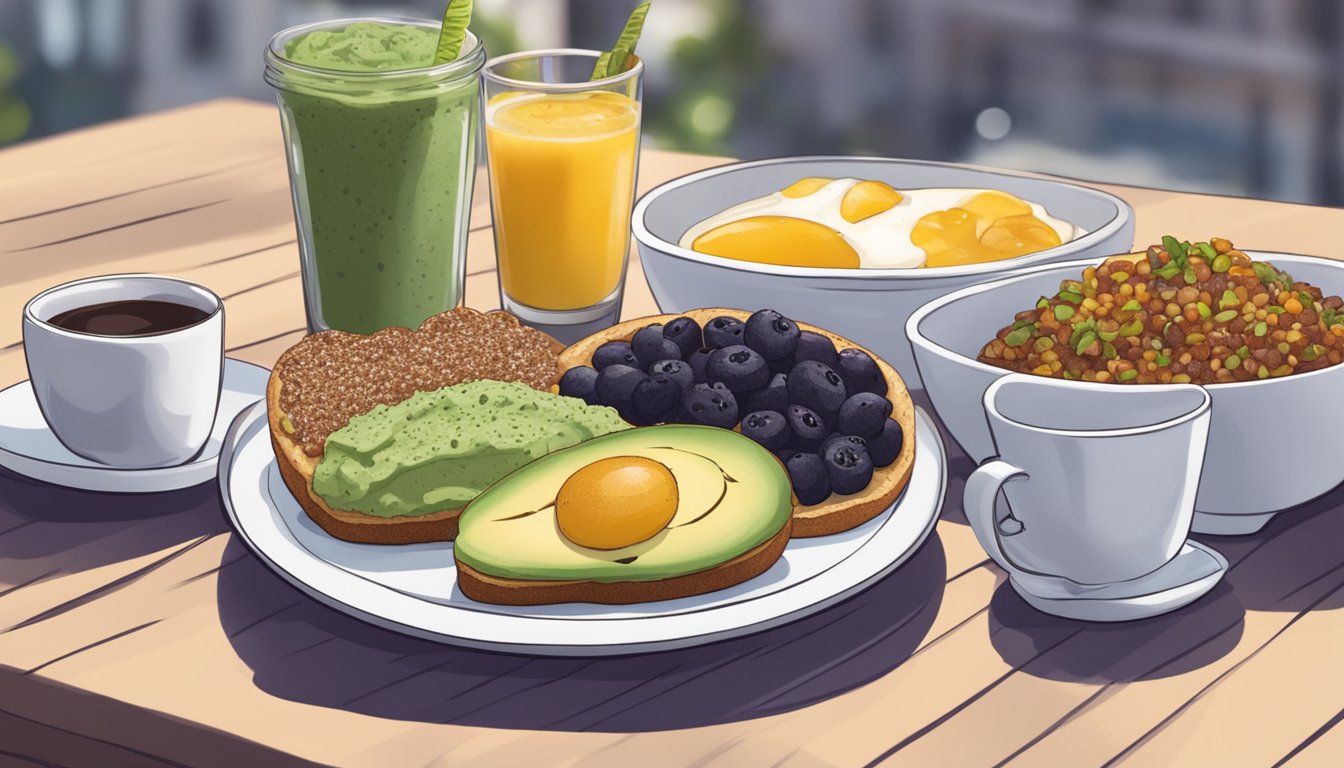 A table set with trendy breakfast items: avocado toast, acai bowls, chia pudding, and artisanal coffee