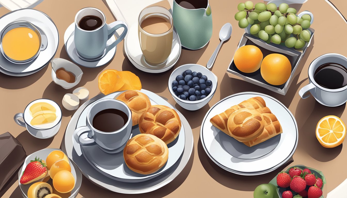 A breakfast spread with pastries, fruit, and coffee on a table