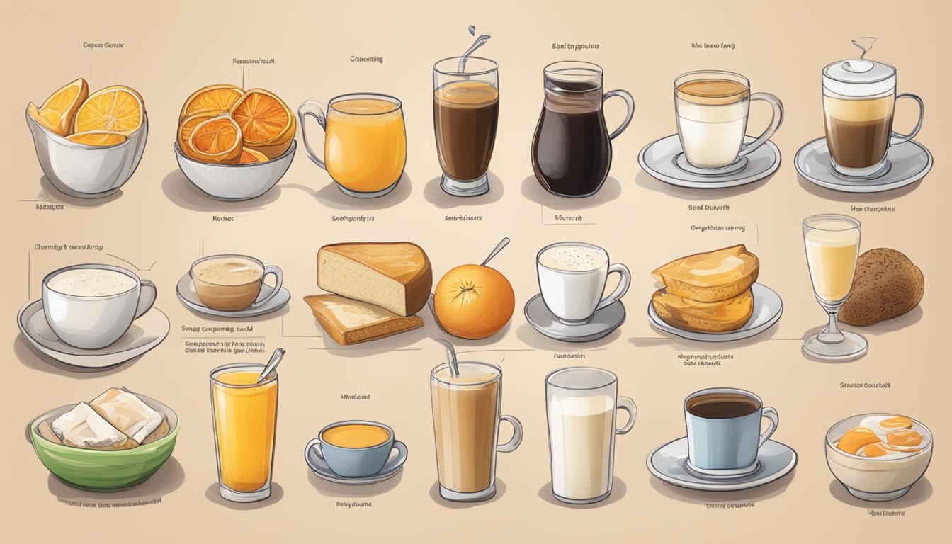 A table set with a variety of breakfast beverages, including coffee, tea, orange juice, and milk, alongside a menu listing the options