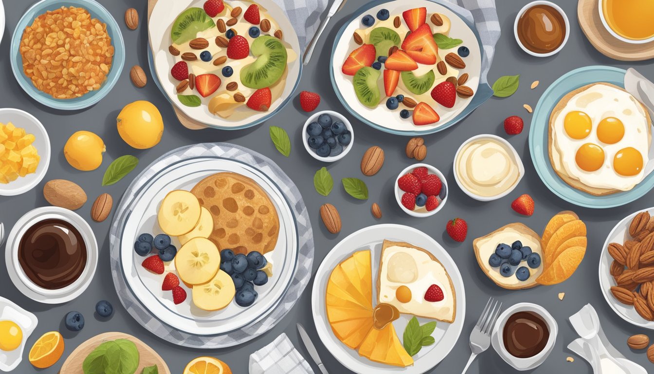 A table spread with various breakfast accompaniments and toppings, including fruit, nuts, honey, and spreads