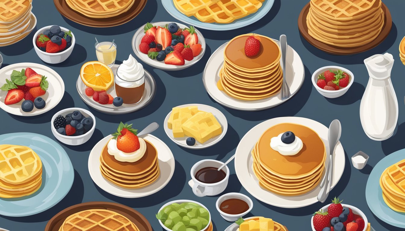 A spread of pancakes, waffles, and omelets on a breakfast table with a variety of syrups, fruit toppings, and whipped cream