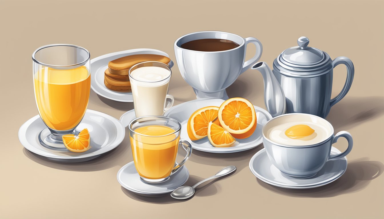 A table with various breakfast beverages: coffee, tea, orange juice, and milk displayed in elegant glassware and mugs