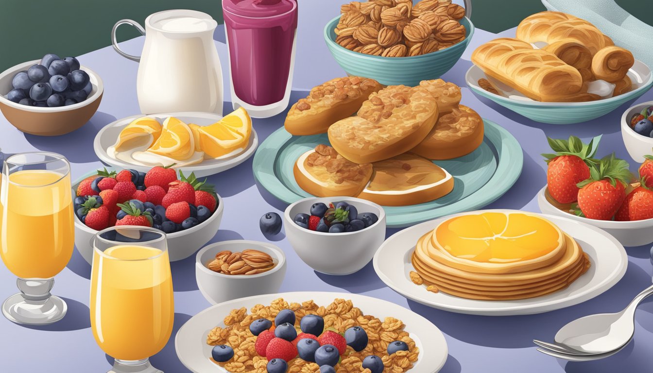 A table set with a colorful array of breakfast options, including fruit, yogurt, granola, and a variety of pastries