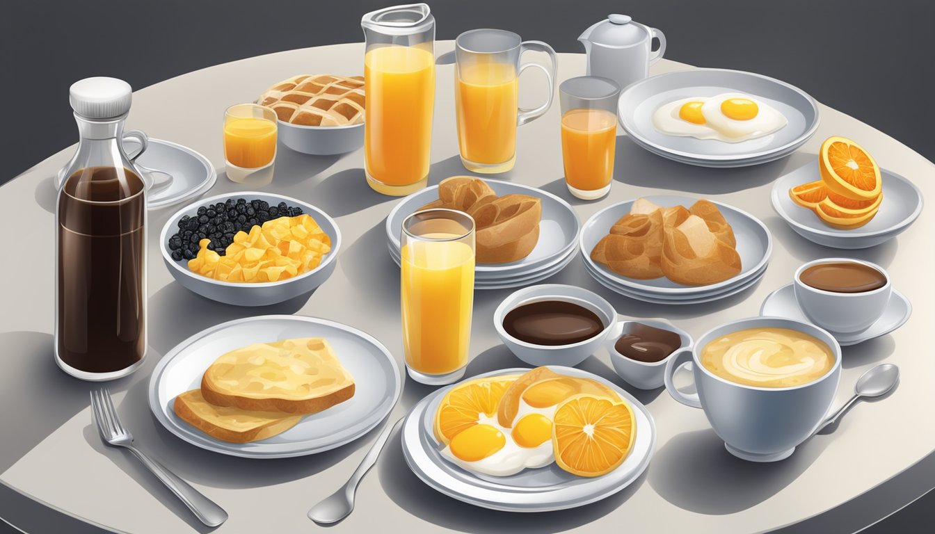 A table set with a variety of breakfast beverages and condiments, including coffee, orange juice, syrup, and butter