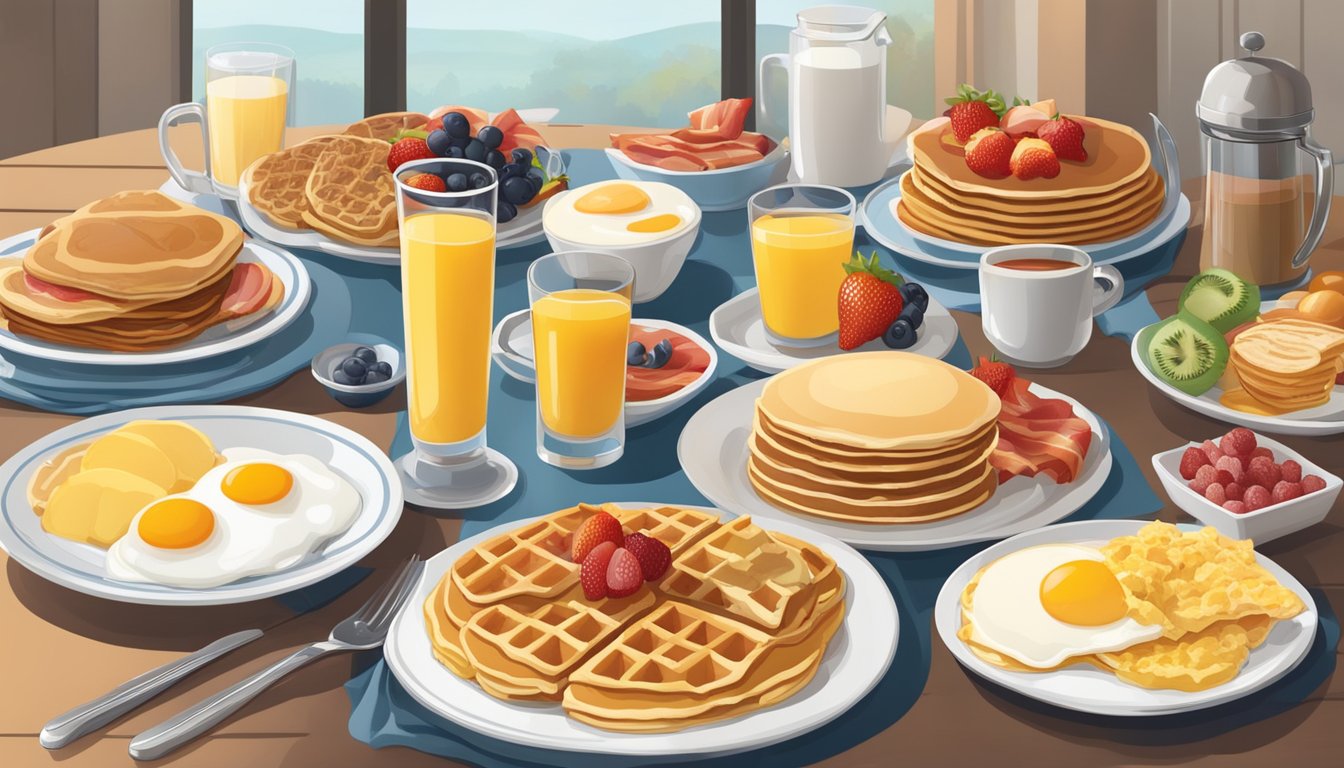 A table set with a variety of breakfast options, including pancakes, waffles, eggs, bacon, and fruit, with a menu displayed in the background