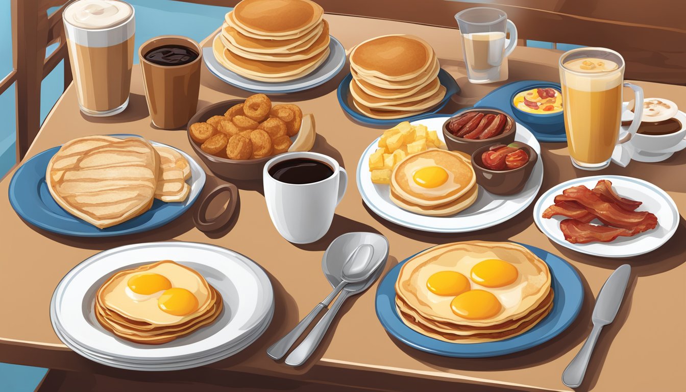 A table set with a variety of breakfast items, including pancakes, eggs, bacon, and coffee, with a menu from IHOP displayed prominently