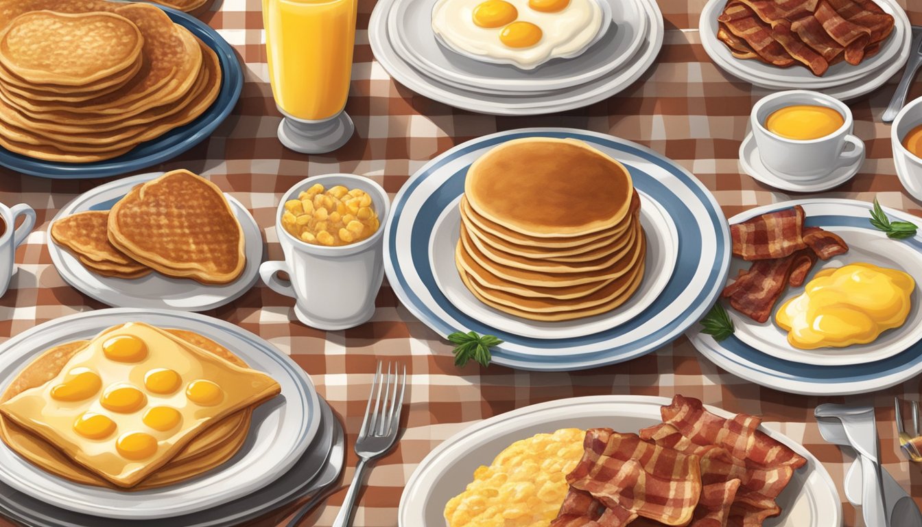 A cozy table set with a checkered tablecloth, adorned with classic breakfast dishes like pancakes, eggs, bacon, and biscuits at Cracker Barrel