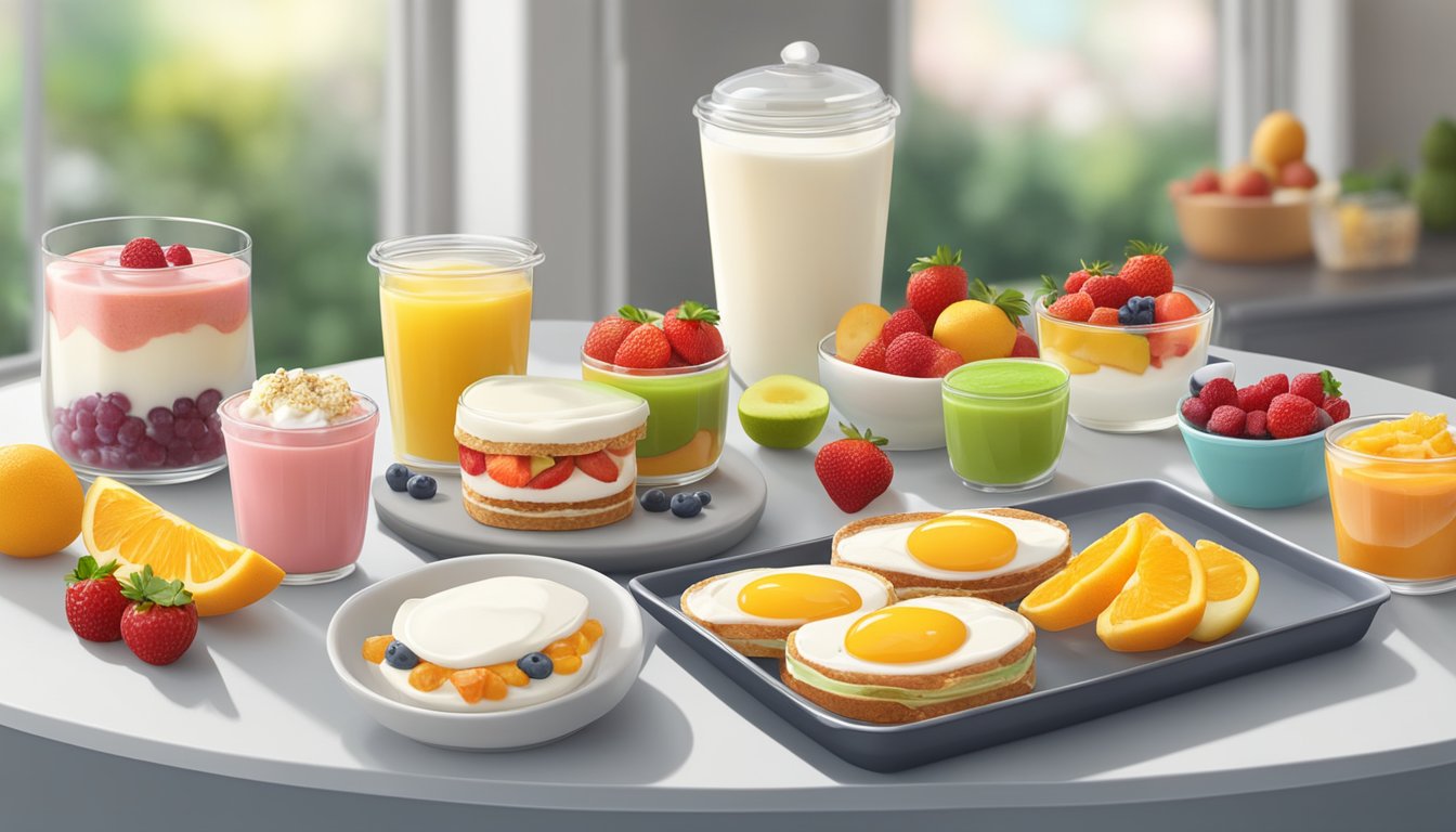 A colorful display of fresh fruits, yogurt parfaits, and egg white breakfast sandwiches on a clean, modern counter