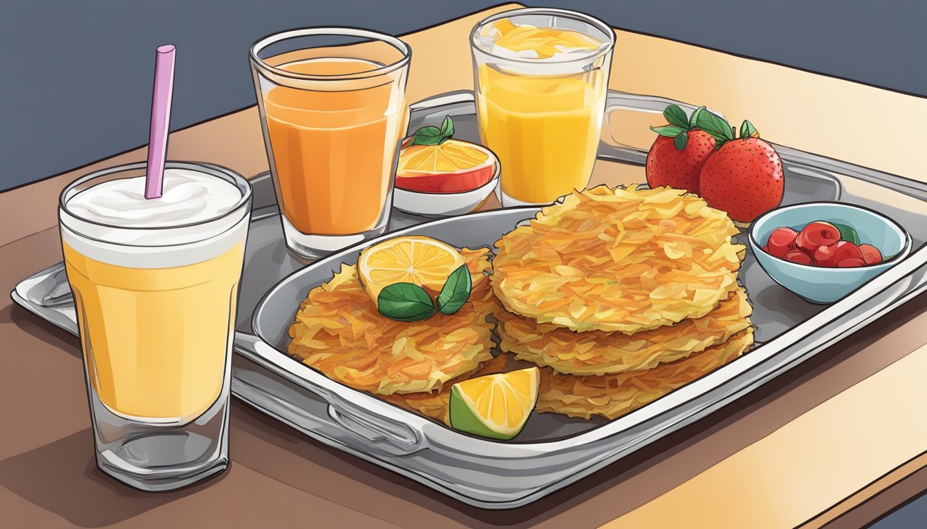 A colorful array of hash browns, fruit cups, and yogurt parfait on a tray, with a cup of coffee and orange juice