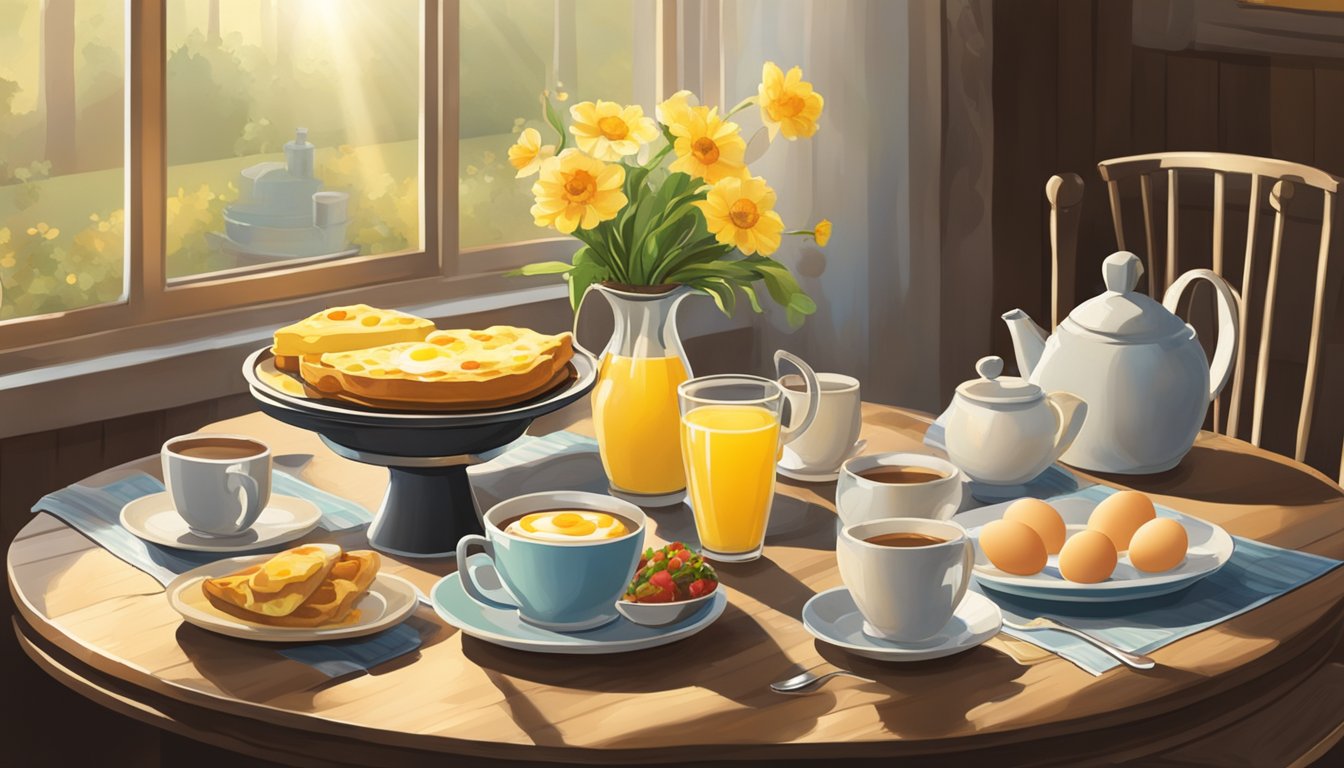 A rustic breakfast table with a platter of eggs and omelets, surrounded by vintage diner decor and warm morning sunlight