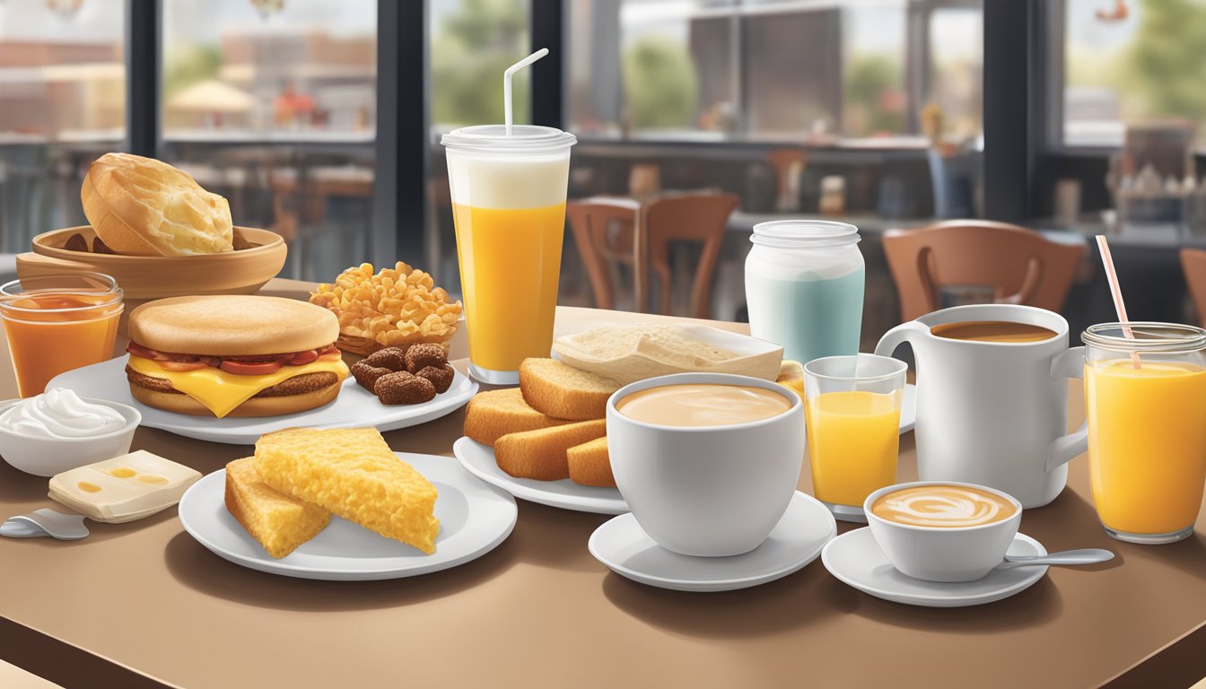 A table with a selection of breakfast beverages and add-ons at Chick-fil-A, including coffee, orange juice, milk, and various condiments