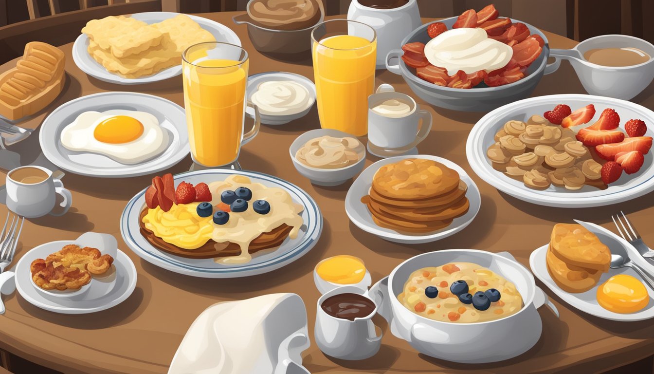 A table set with a variety of breakfast sides and add-ons, including biscuits, gravy, eggs, bacon, and fruit, with a warm and inviting atmosphere