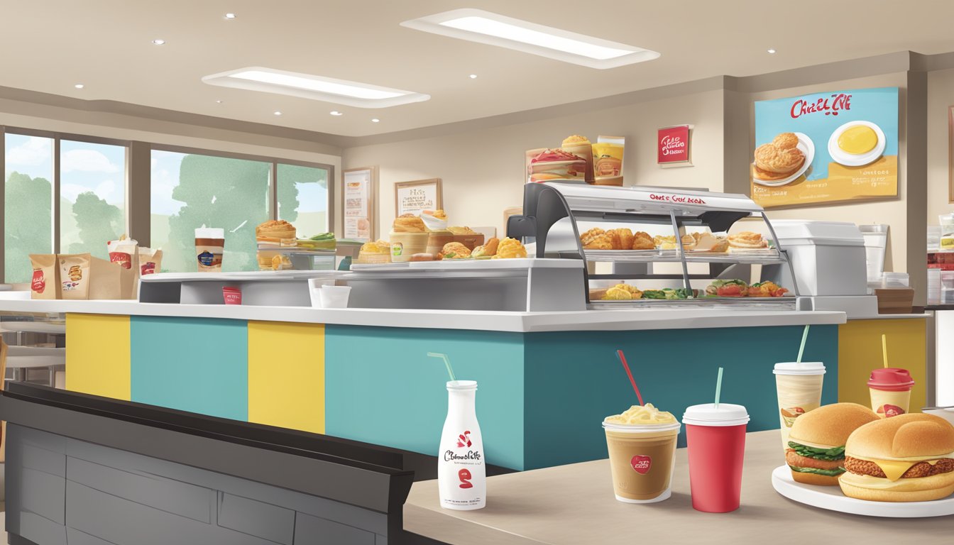 A sunny morning with a colorful Chick-fil-A breakfast menu displayed on a clean, organized counter. Customers happily ordering and enjoying their meals