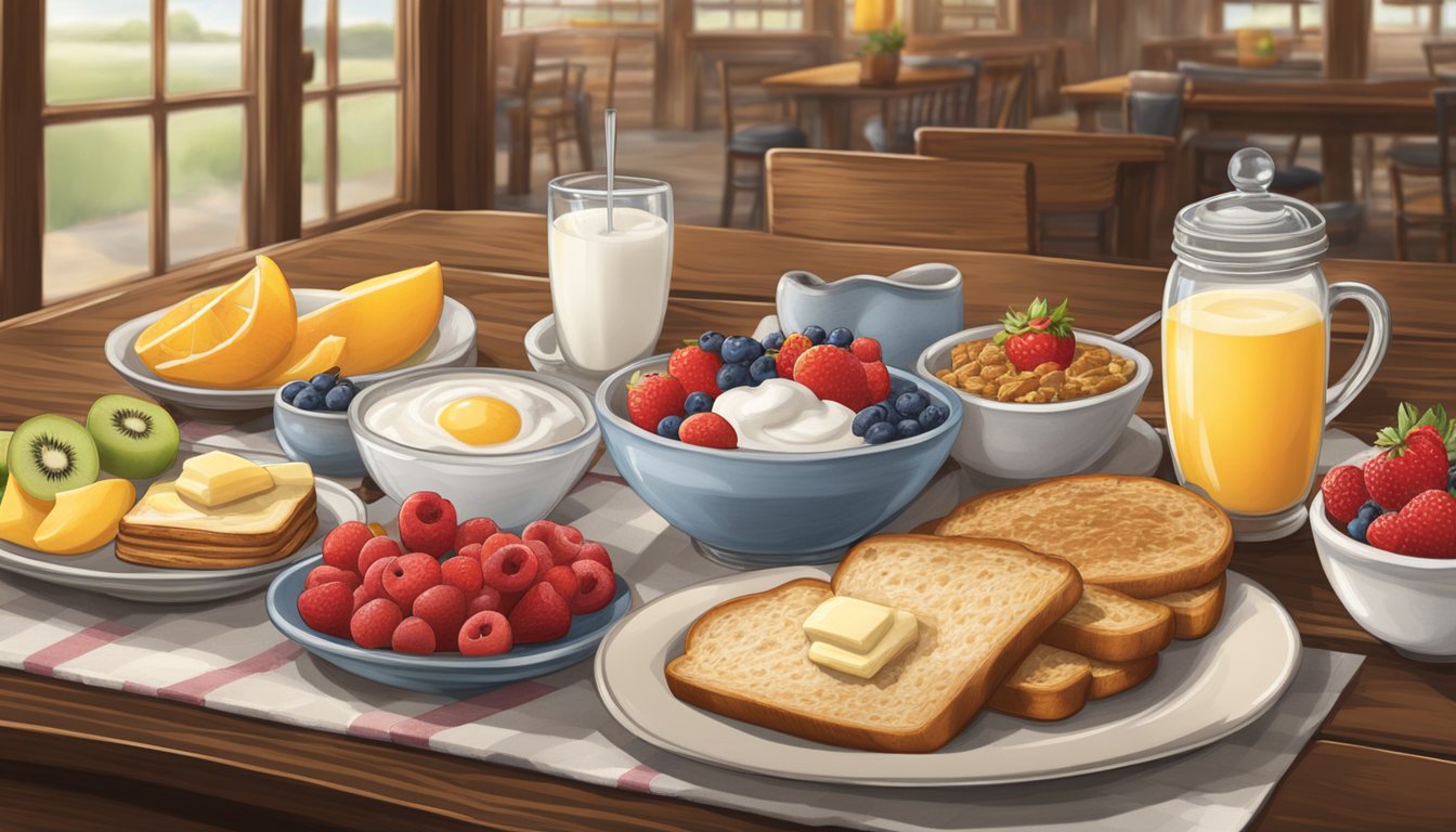 A rustic table set with a variety of healthy breakfast options, including fresh fruit, yogurt parfaits, and whole grain toast, at a Cracker Barrel restaurant