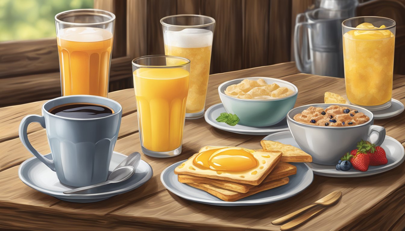 A table set with a variety of breakfast beverages on a rustic wooden surface at Cracker Barrel