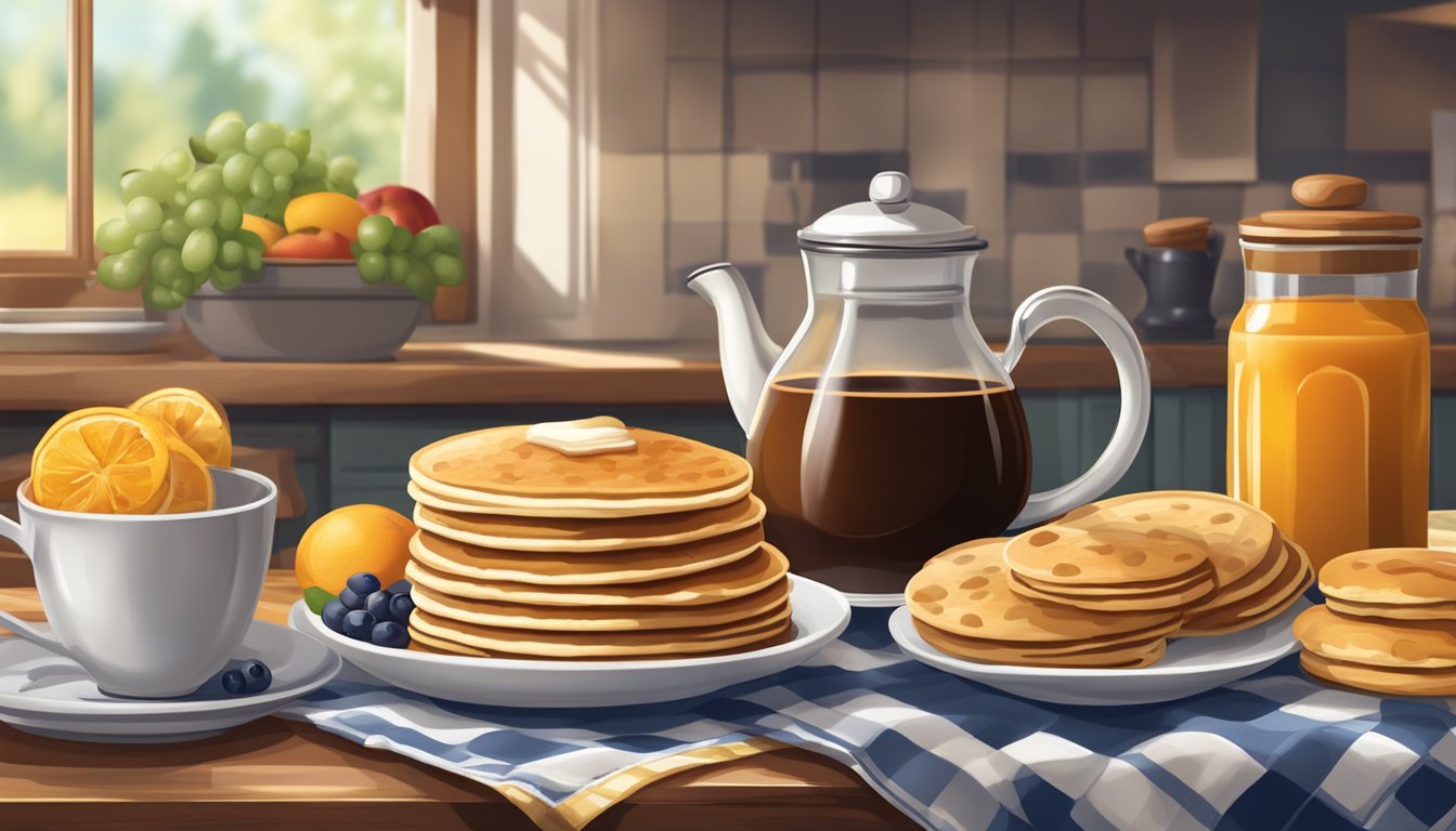 A cozy country kitchen with a checkered tablecloth, a steaming cup of coffee, and a spread of biscuits, pancakes, and syrupy fruit