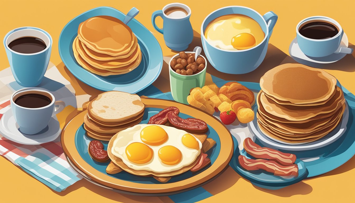 A table set with a variety of breakfast items, including pancakes, eggs, bacon, sausage, biscuits, and fruit, all served on colorful plates and accompanied by a steaming cup of coffee