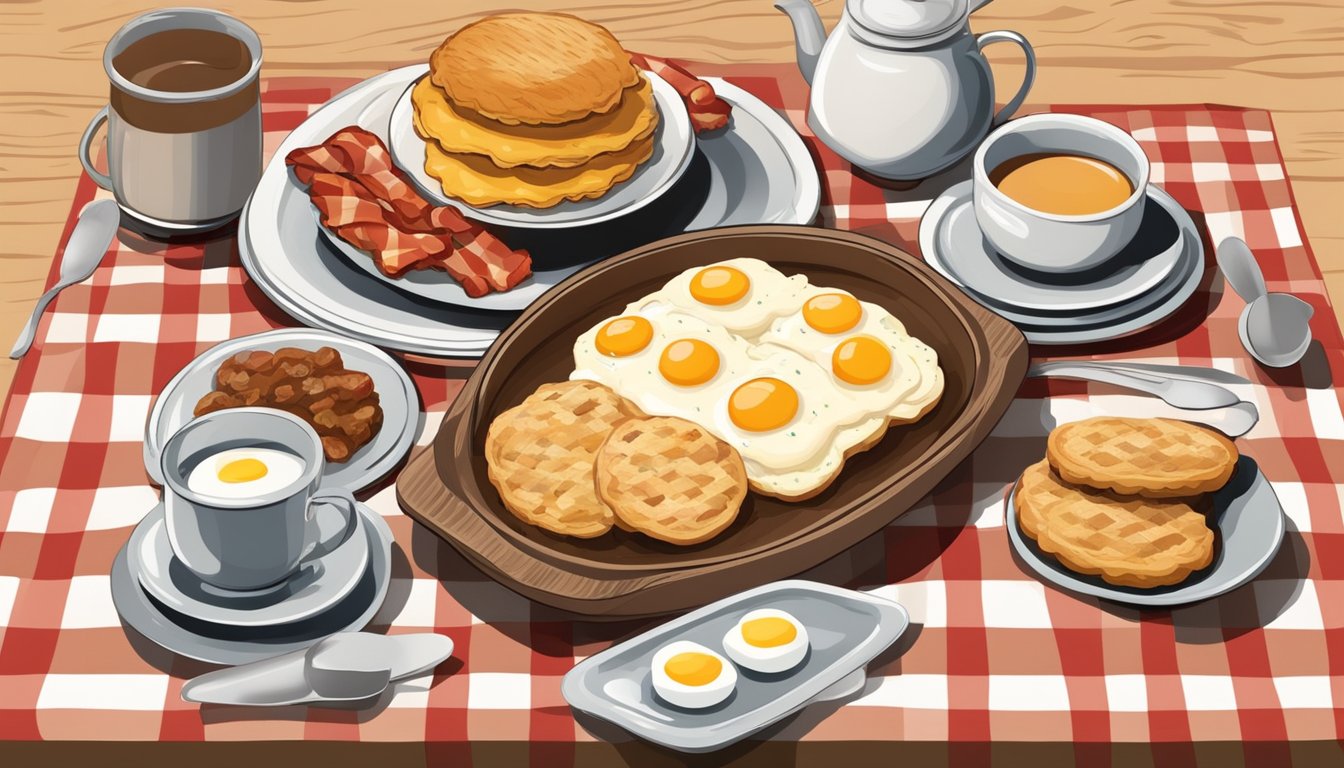 A rustic table set with a checkered tablecloth, adorned with a spread of Southern-style breakfast items like biscuits, gravy, bacon, and eggs