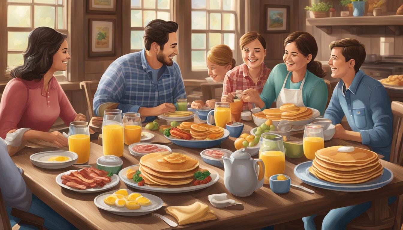 A table set with pancakes, eggs, bacon, and fruit. A family gathers around, smiling and chatting over their breakfast at Cracker Barrel