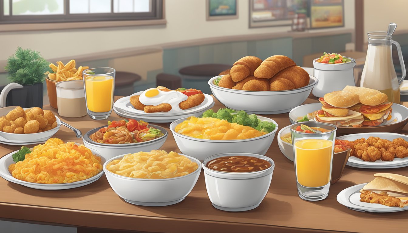 A table set with a breakfast spread of sides and add-ons from Jollibee's menu