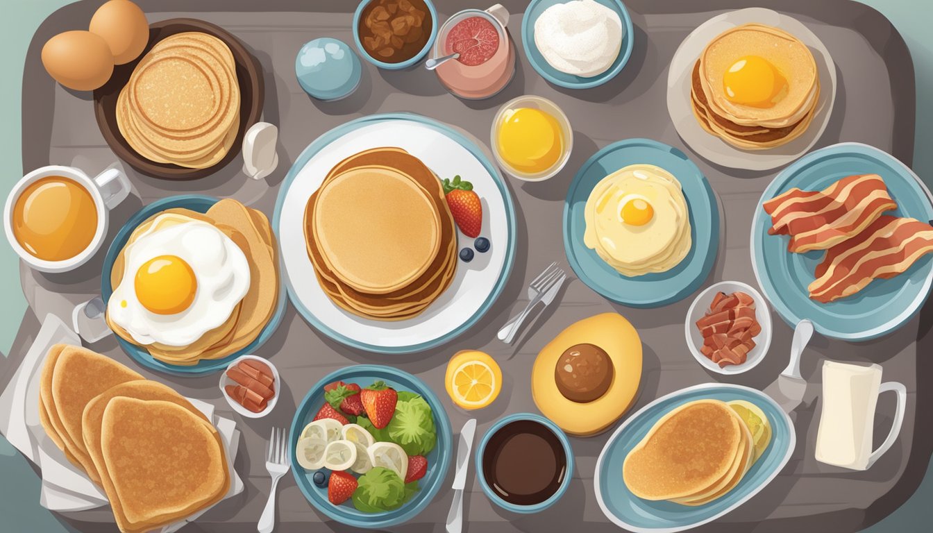 A table set with a variety of breakfast foods, including eggs, bacon, fruit, and pancakes, with a menu displaying dietary preferences options