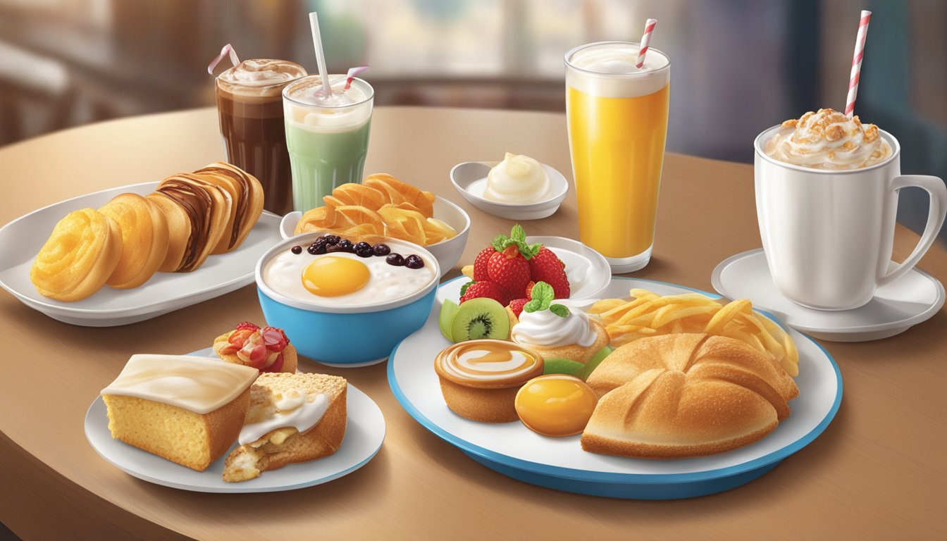 A table set with a variety of breakfast beverages and desserts from the Jollibee menu