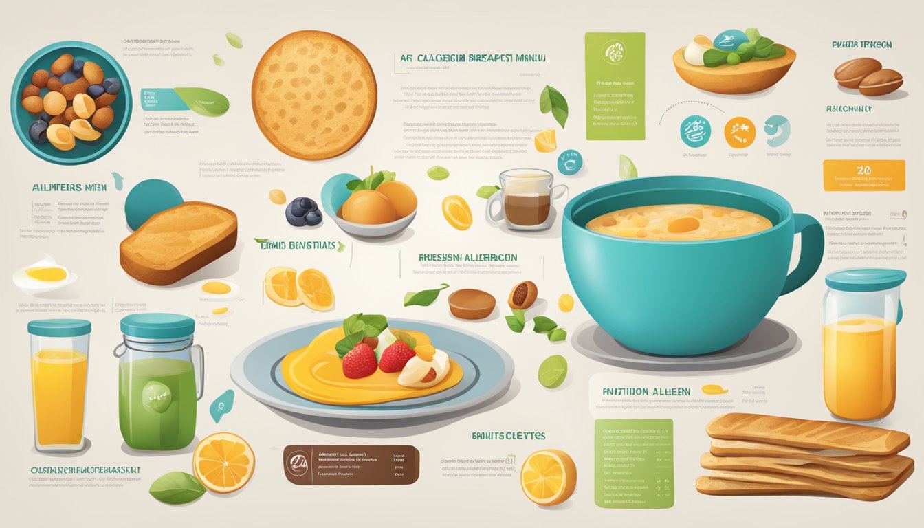 A colorful breakfast menu with icons for allergen information and nutritional details displayed prominently