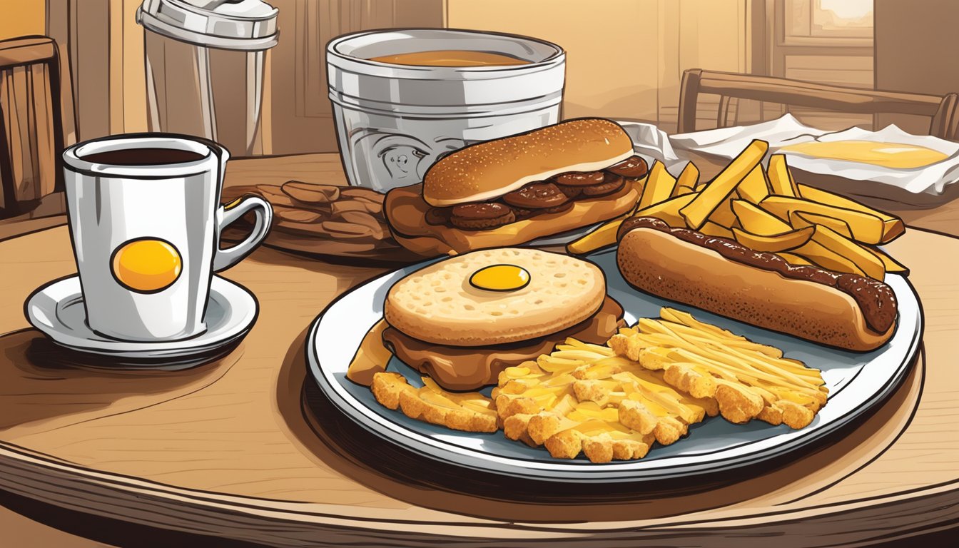 A table with a biscuit, sausage, and egg combo meal alongside a cup of coffee and a side of seasoned fries at a Bojangles restaurant