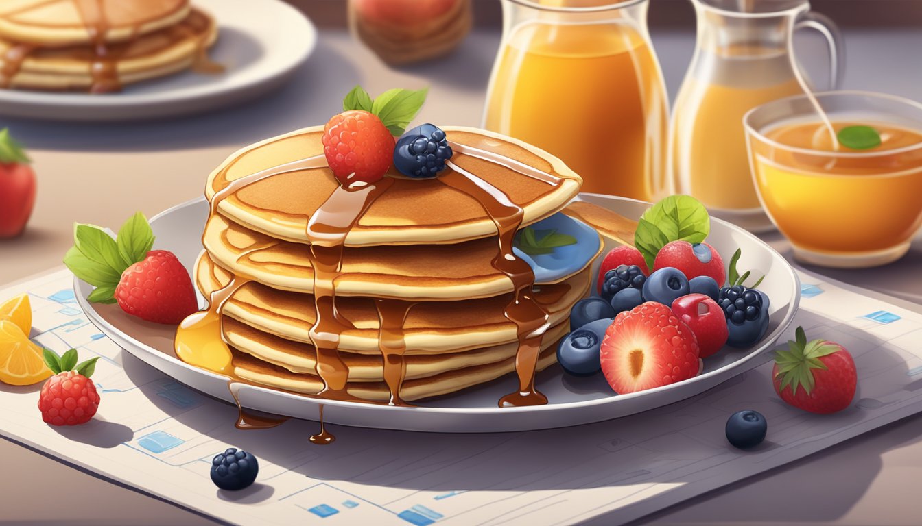 A colorful array of pancakes on a menu, surrounded by fresh fruit and syrup