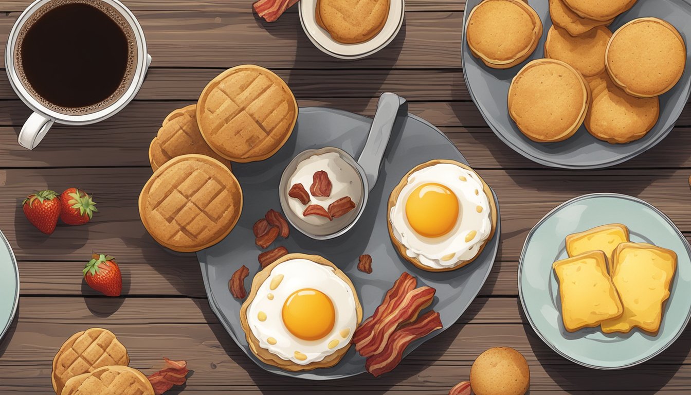 A spread of biscuits, eggs, bacon, and fruit on a rustic wooden table with a steaming cup of coffee