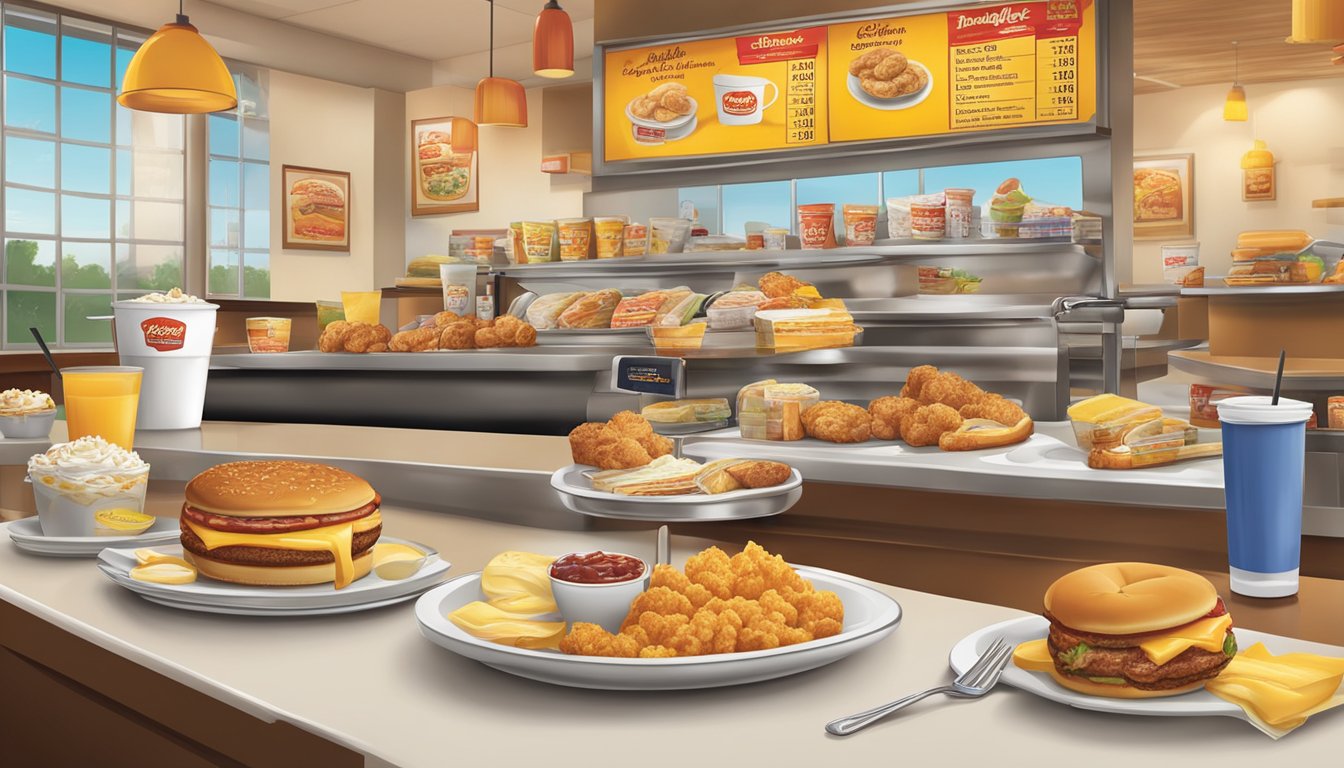 A table set with a variety of breakfast items and prices displayed at a Bojangles restaurant