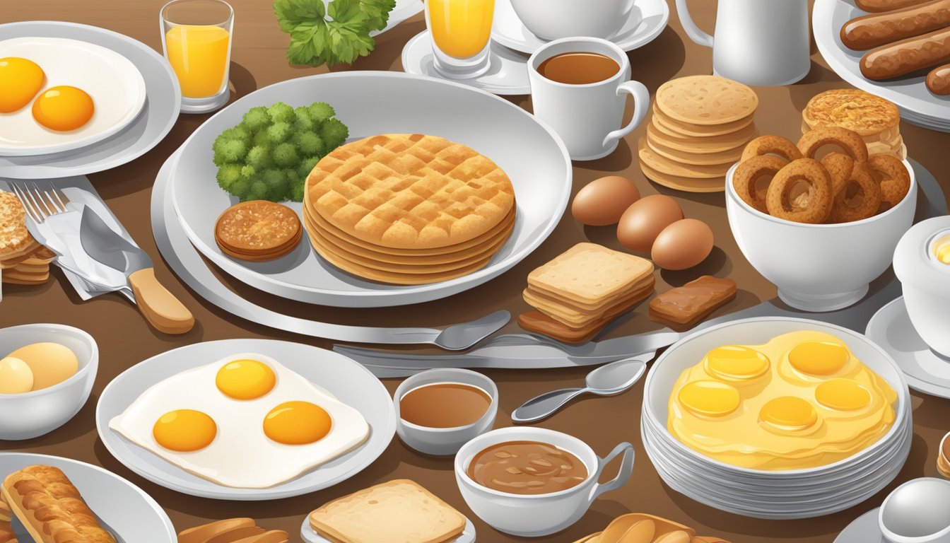 A table set with a variety of breakfast items, including biscuits, eggs, and sausage, all presented in a fresh and appealing manner