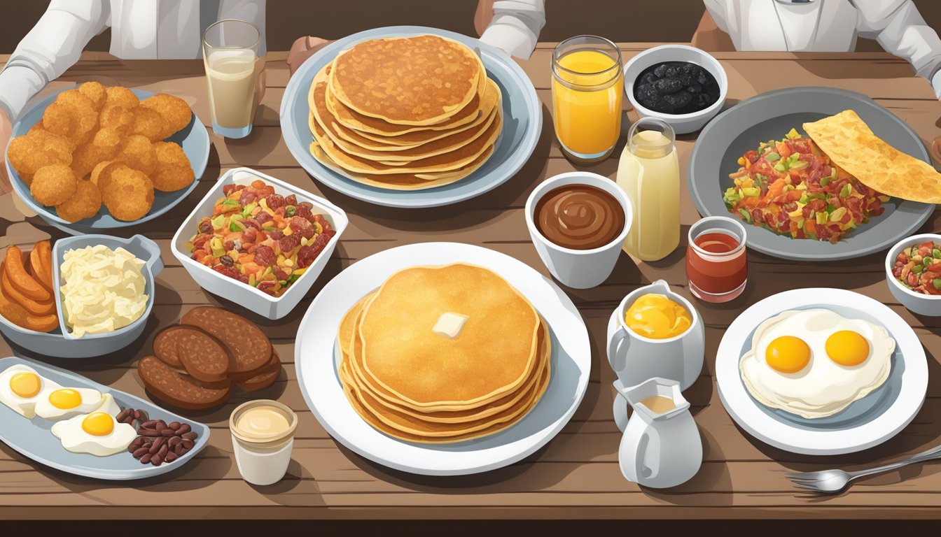 A table set with a spread of breakfast sides and extras, including pancakes, hash browns, eggs, sausage, and a variety of condiments